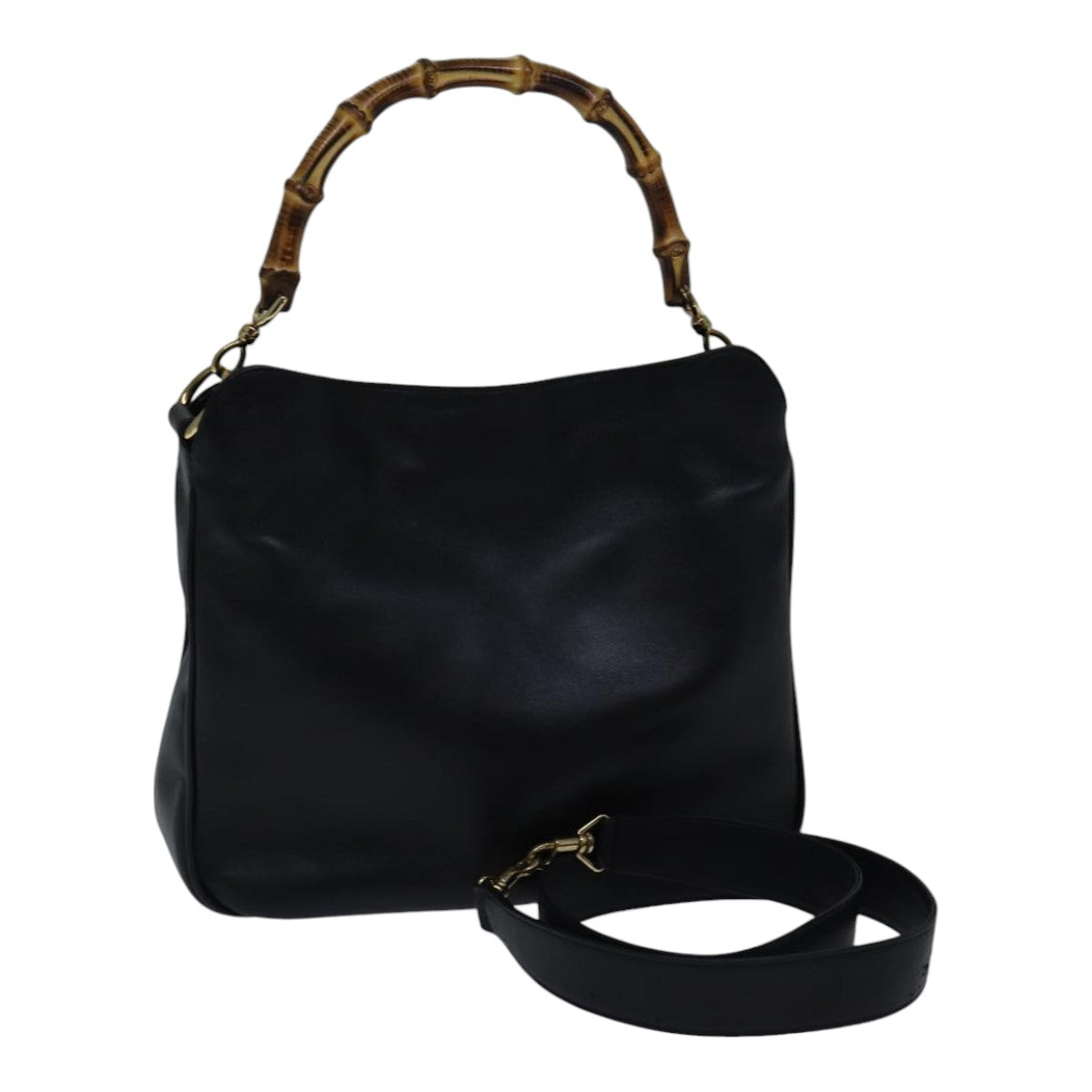 GUCCI Bamboo Hand Bag Leather 2way Black Gold 001 1638 200047 hk1606