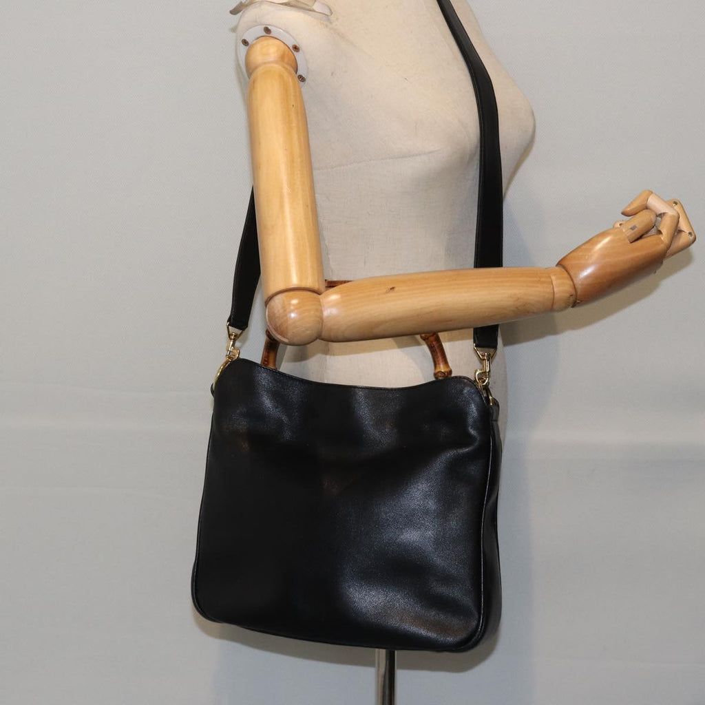 GUCCI Bamboo Hand Bag Leather 2way Black Gold 001 1638 200047 hk1606