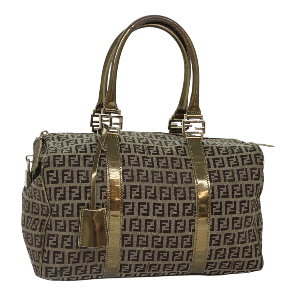 FENDI Zucchino Canvas Boston Bag Beige Gold hk1608