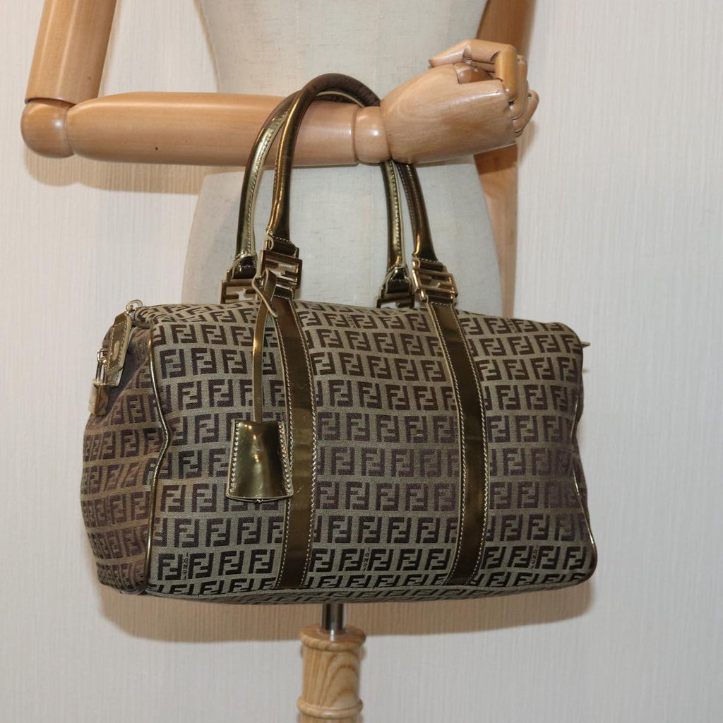 FENDI Zucchino Canvas Boston Bag Beige Gold hk1608