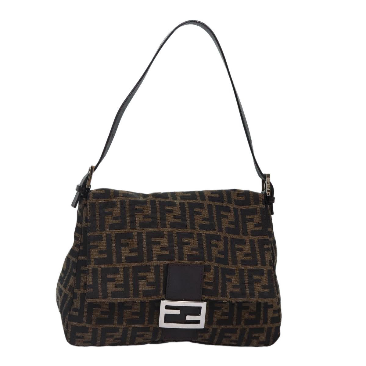 FENDI Zucca Canvas Mamma Baguette Shoulder Bag Brown Black Silver hk1612