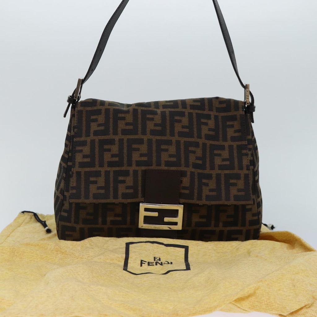 FENDI Zucca Canvas Mamma Baguette Shoulder Bag Brown Black Silver hk1612