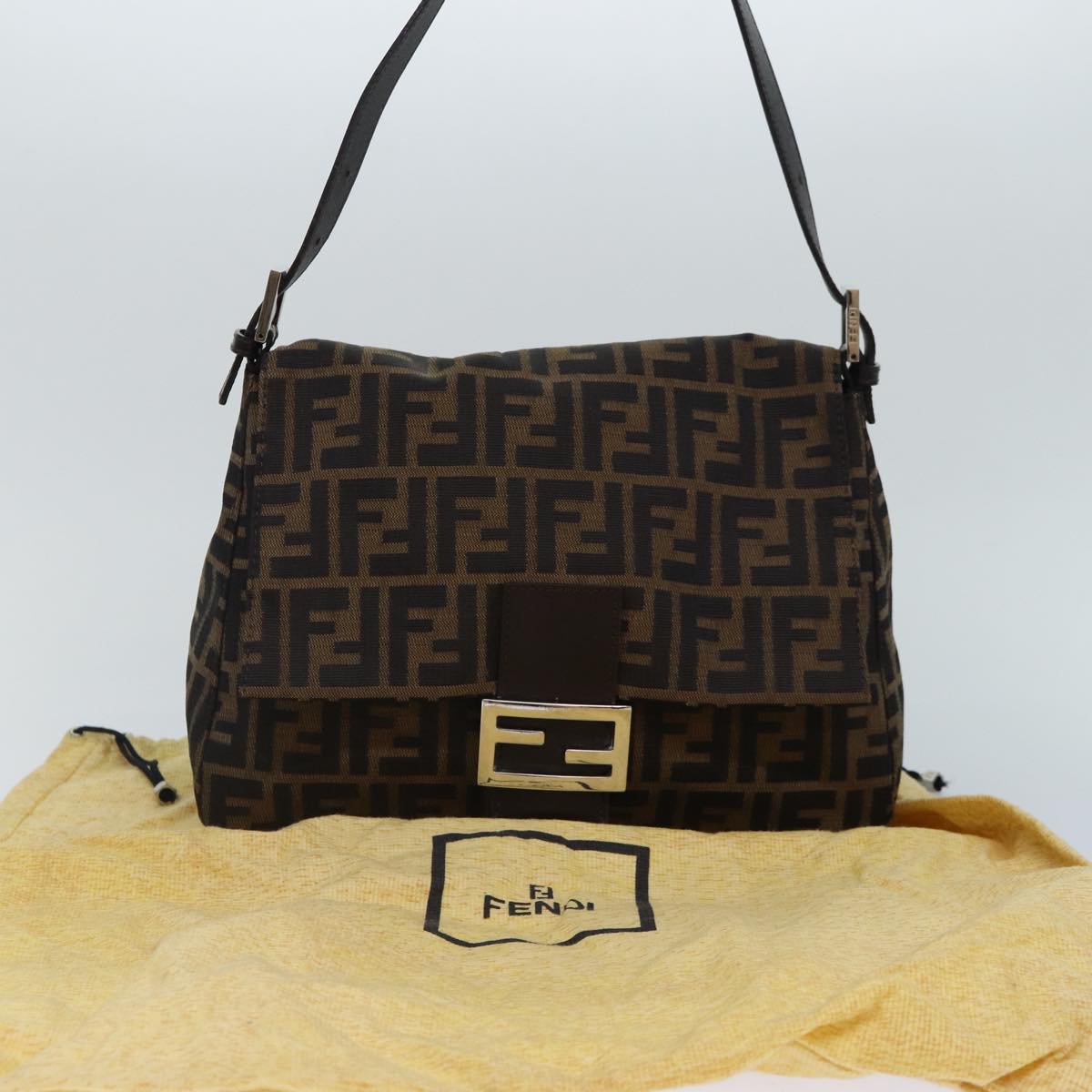 FENDI Zucca Canvas Mamma Baguette Shoulder Bag Brown Black Silver hk1612