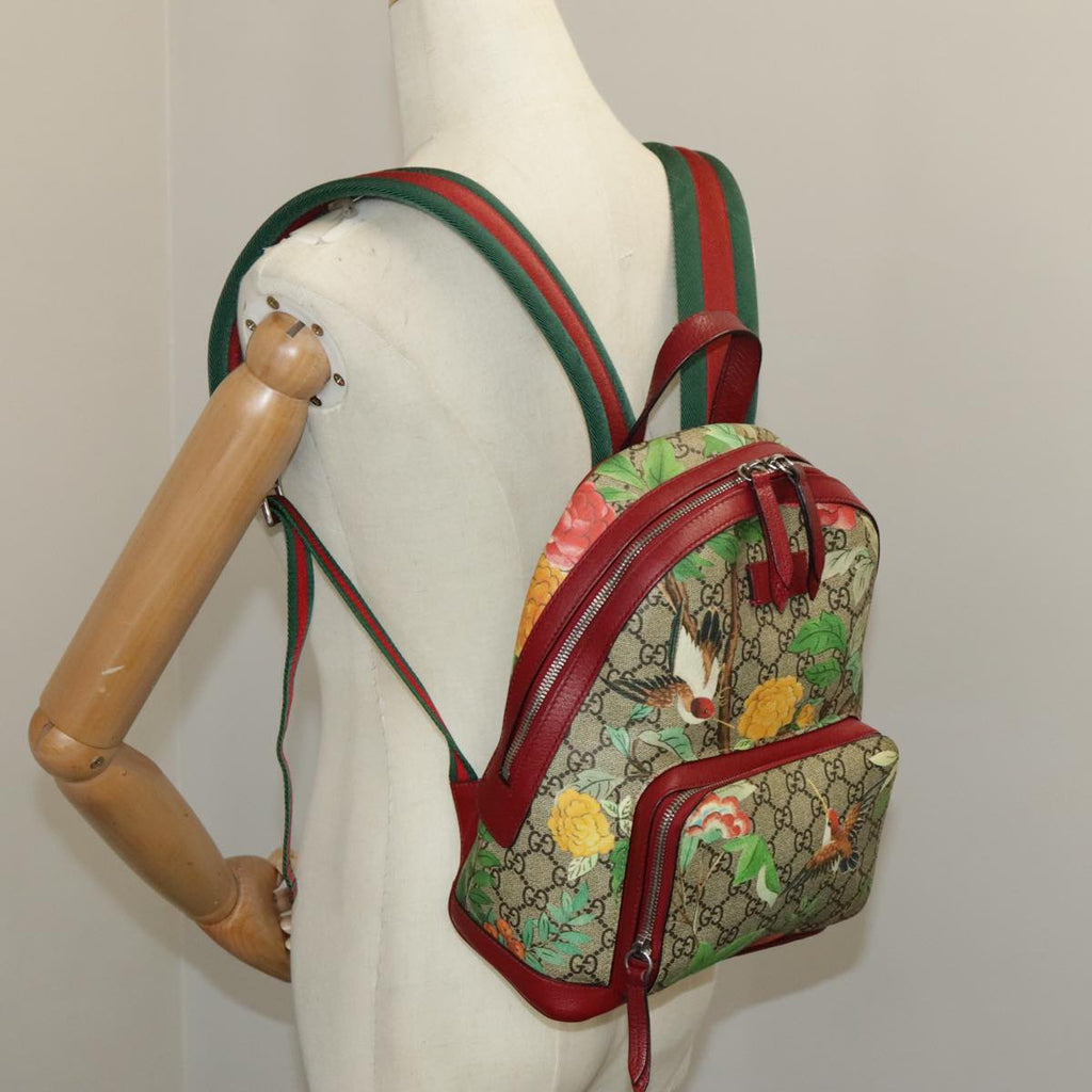 GUCCI GG Supreme Web Sherry Line Tian Backpack PVC Leather Beige Red hk1717