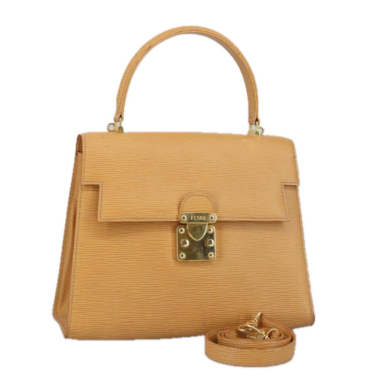 FENDI Hand Bag Leather 2way Beige Gold hk1781