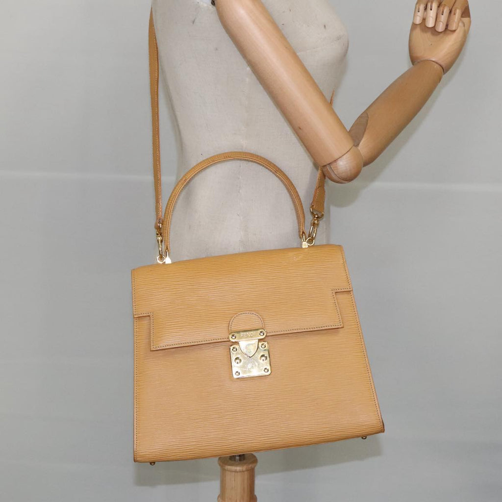 FENDI Hand Bag Leather 2way Beige Gold hk1781