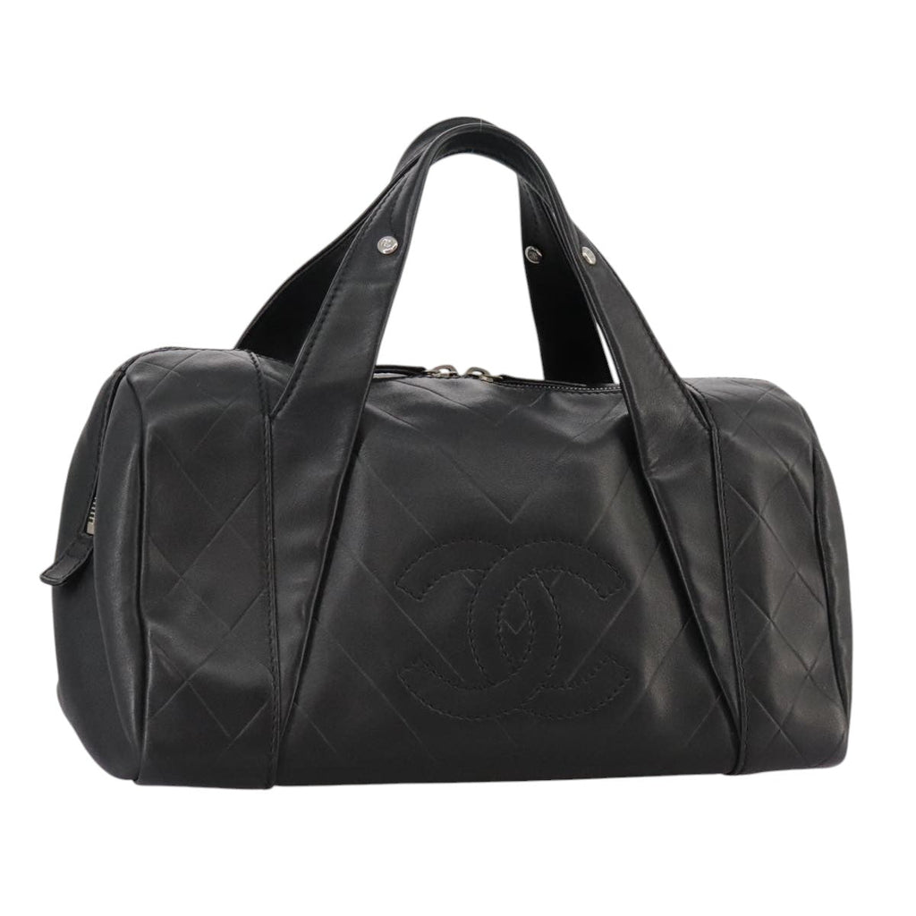 CHANEL V Stitch Hand Bag Leather Black Silver CC hk1897