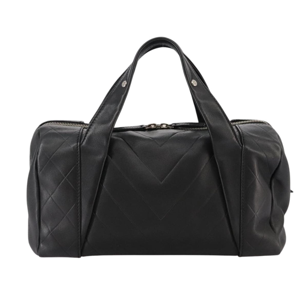 CHANEL V Stitch Hand Bag Leather Black Silver CC hk1897