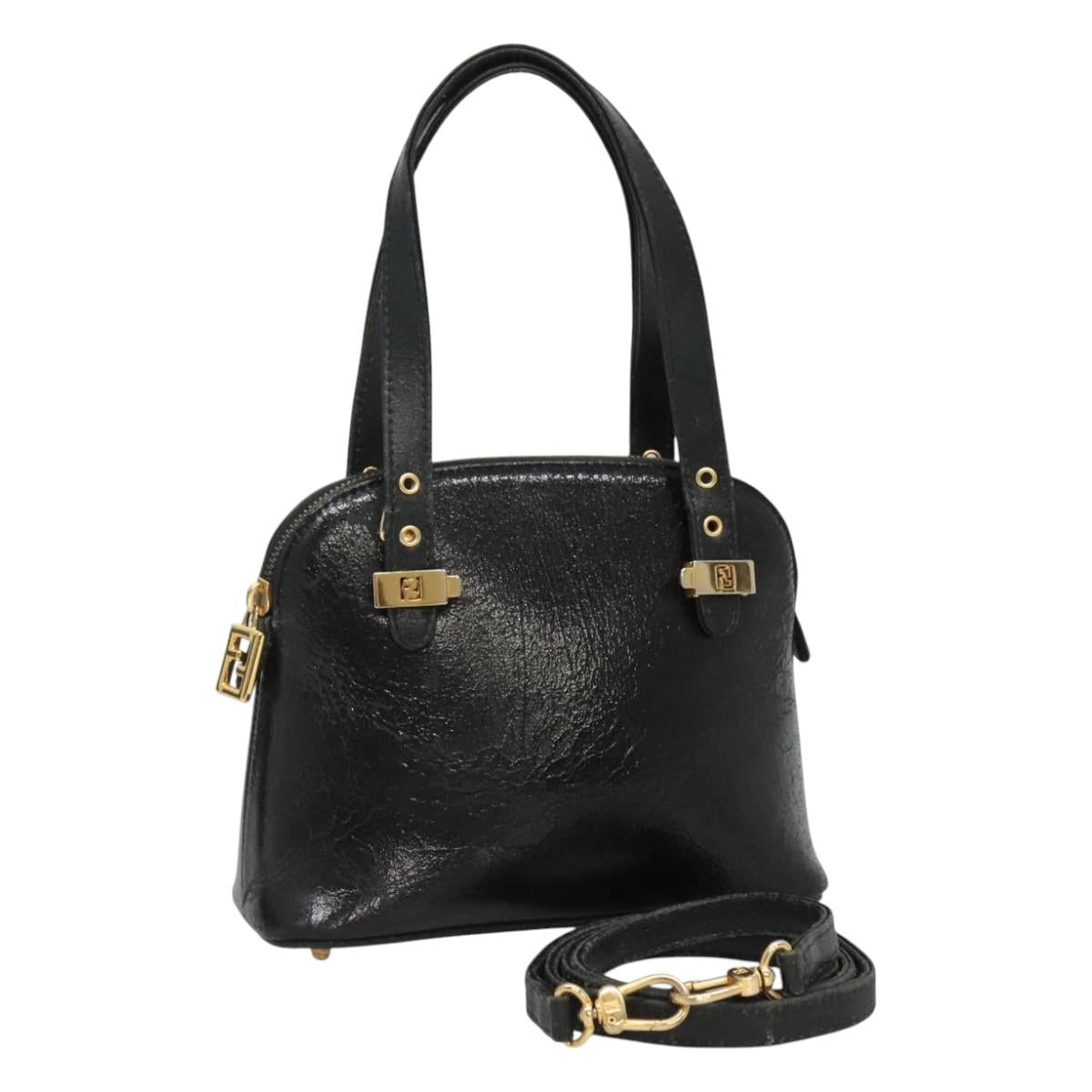 FENDI Hand Bag Leather 2way Black Gold hk1976