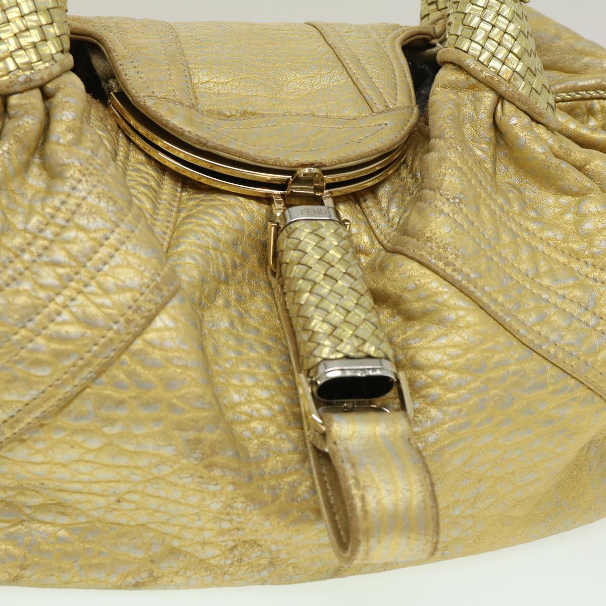 FENDI Spy Bag Zucca Canvas Shoulder Bag Leather Gold hk396