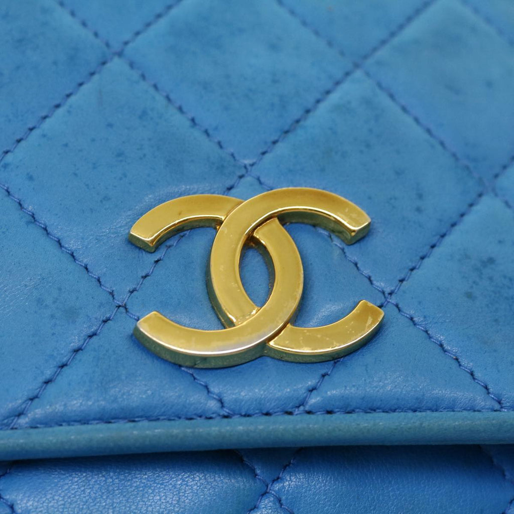 CHANEL Hand Bag Lamb Skin Blue CC hk455A