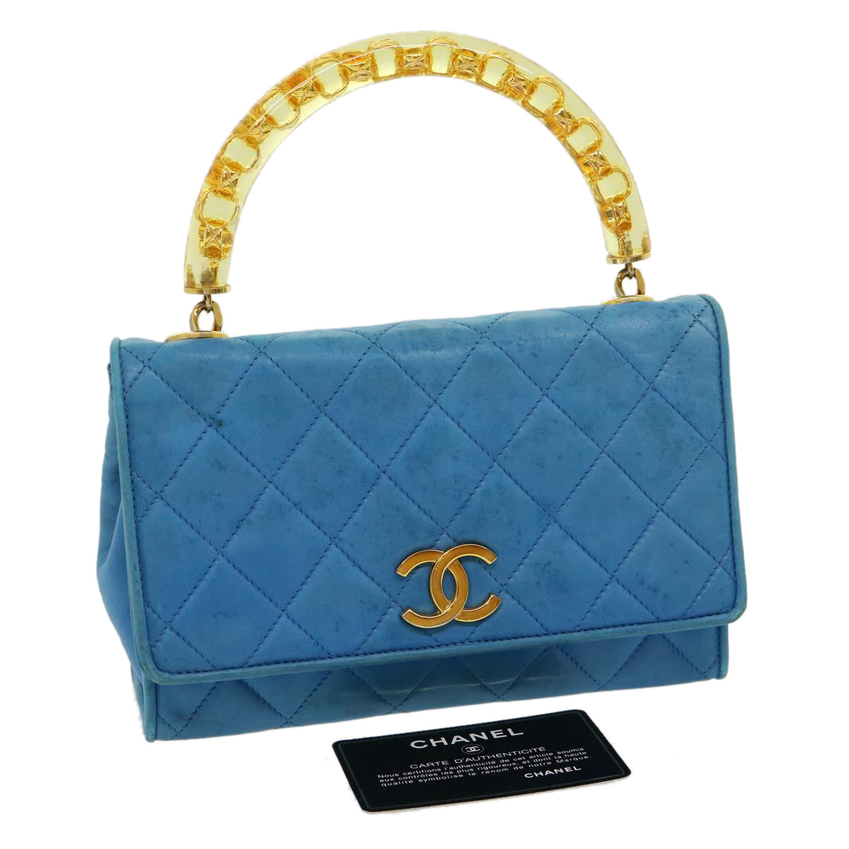 CHANEL Hand Bag Lamb Skin Blue CC hk455A