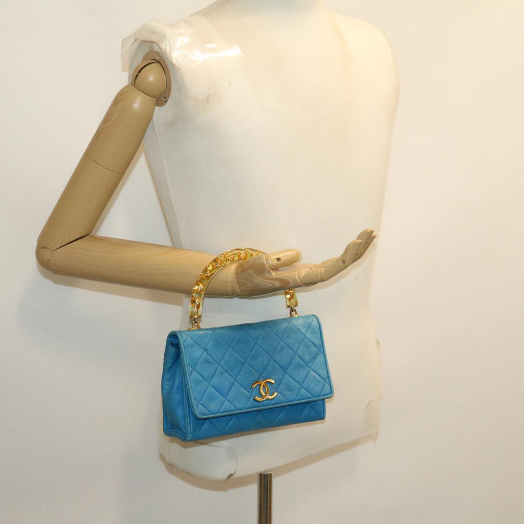 CHANEL Hand Bag Lamb Skin Blue CC hk455A