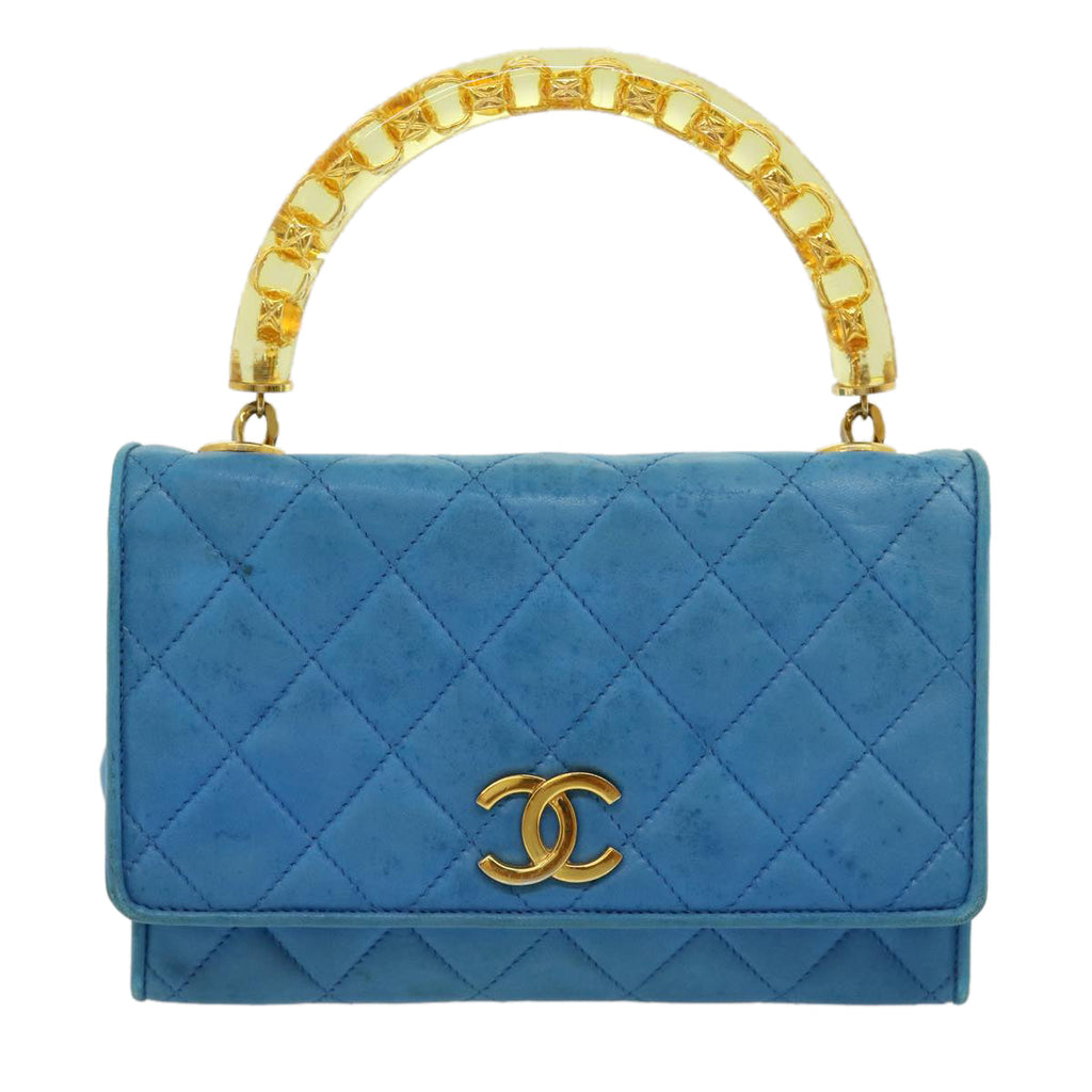 CHANEL Hand Bag Lamb Skin Blue CC hk455A
