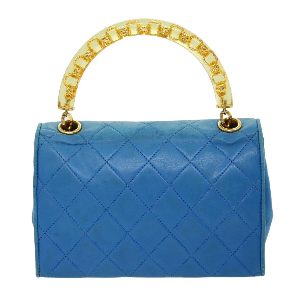 CHANEL Hand Bag Lamb Skin Blue CC hk455A