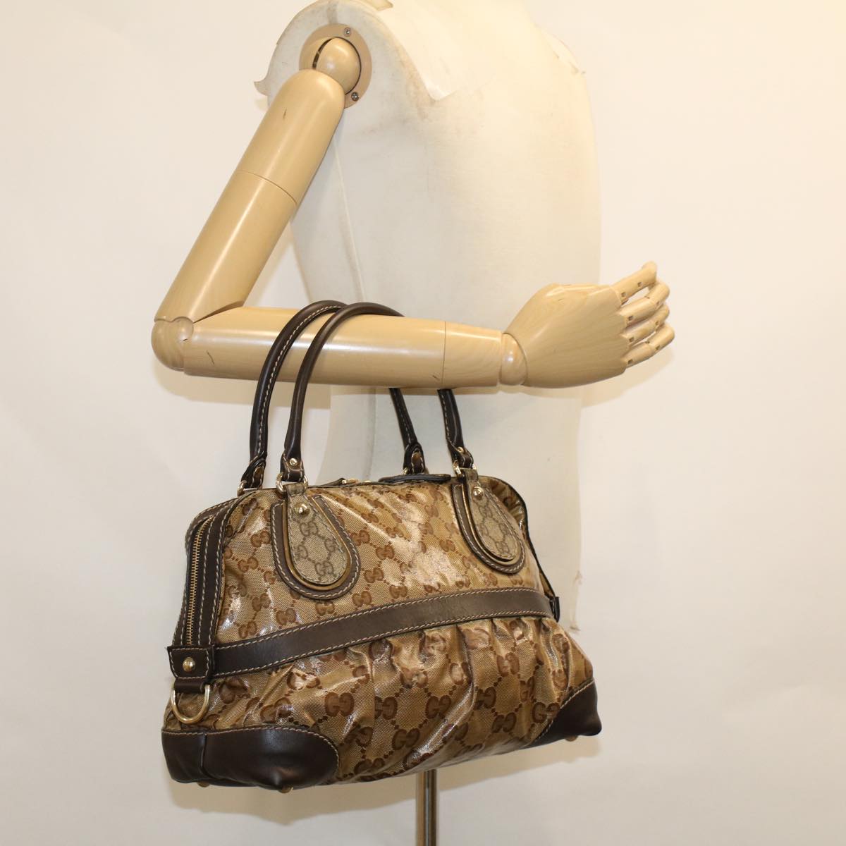 GUCCI GG Canvas Hand Bag Coated Canvas Beige Dark Brown 223962 hk739