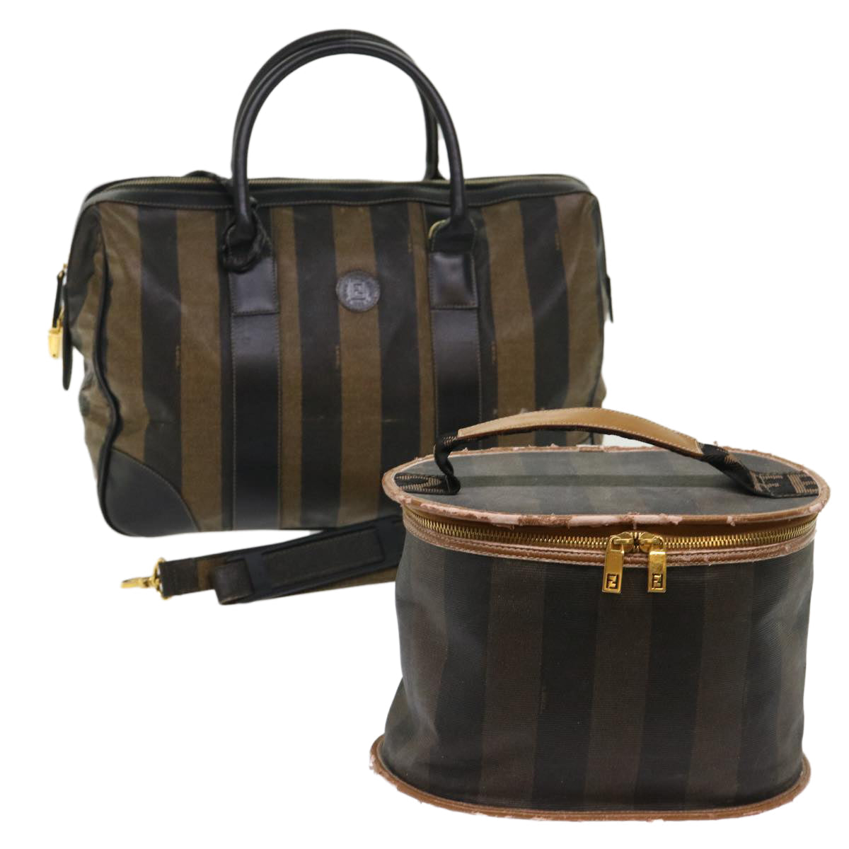 FENDI Pecan Canvas Hand Bag Boston Bag Coated Canvas 2Set Brown Black hk751
