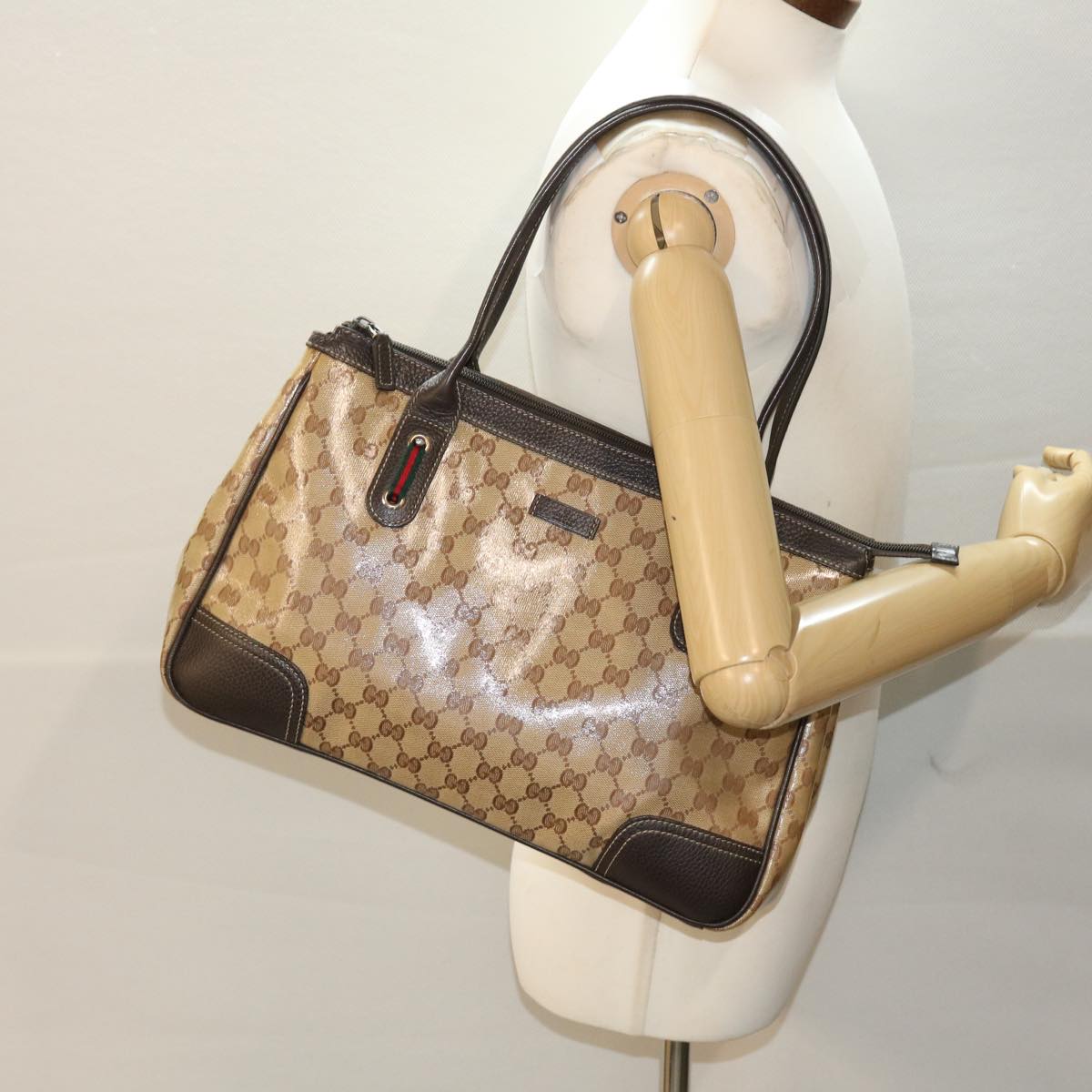 GUCCI GG Crystal Canvas Web Sherry Line Shoulder Bag Beige 293599 hk775