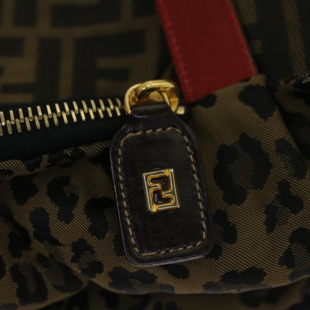 FENDI Zucca Canvas Leopard Tote Bag Nylon Reversible Brown Black Red hk829