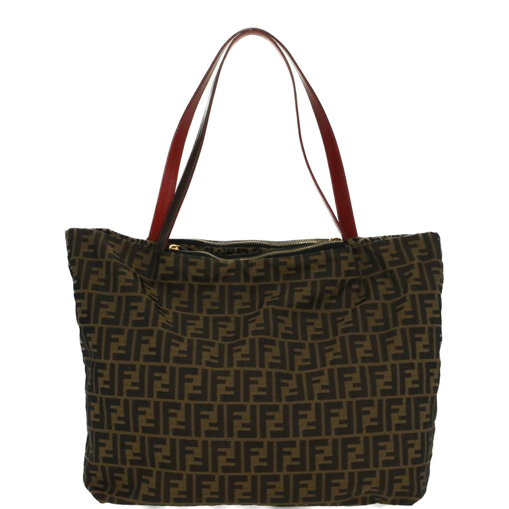 FENDI Zucca Canvas Leopard Tote Bag Nylon Reversible Brown Black Red hk829