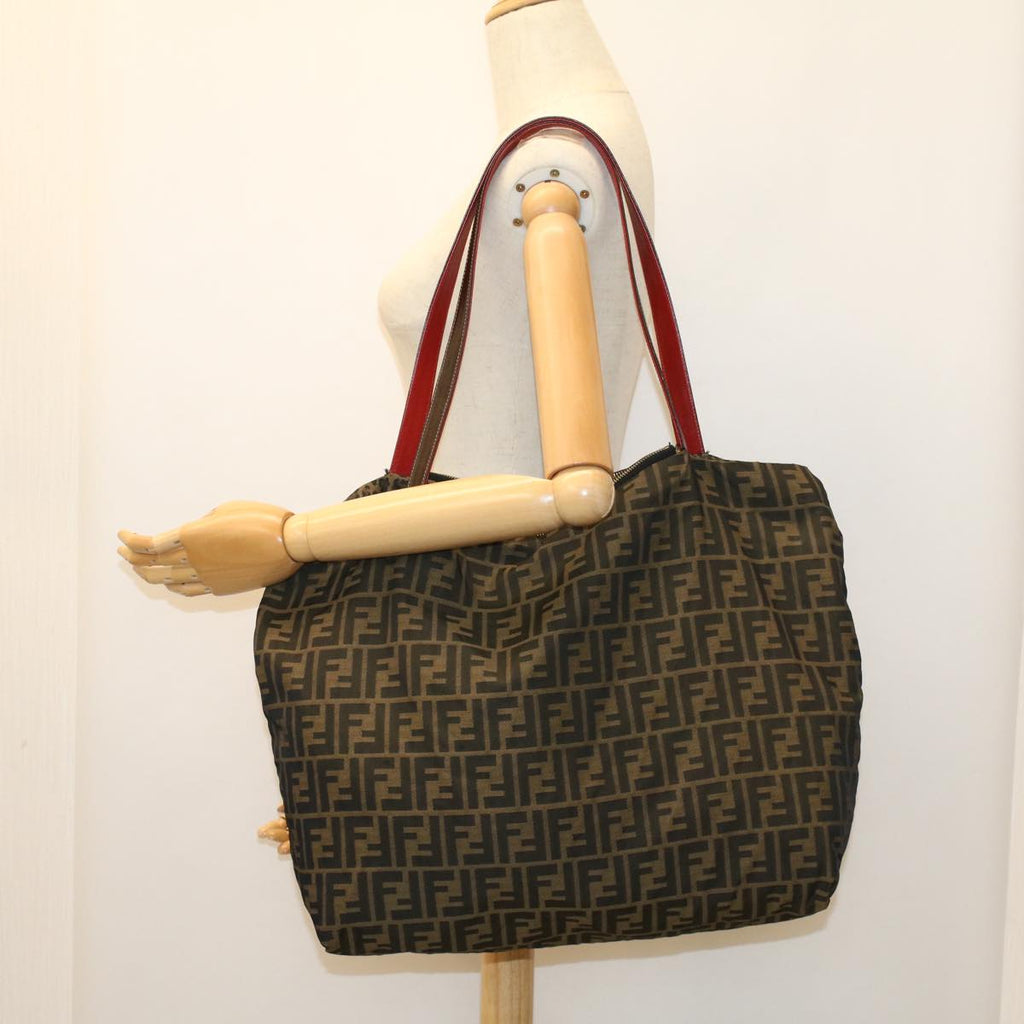 FENDI Zucca Canvas Leopard Tote Bag Nylon Reversible Brown Black Red hk829