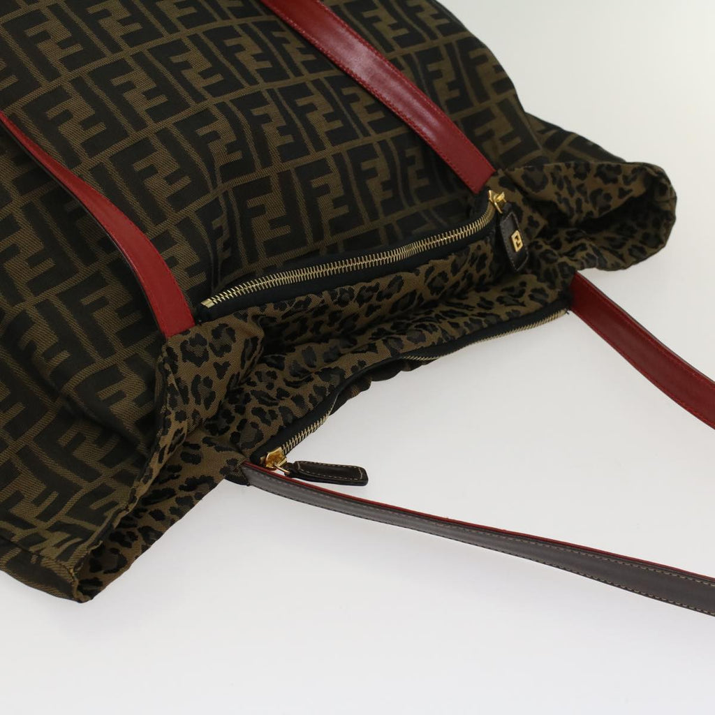 FENDI Zucca Canvas Leopard Tote Bag Nylon Reversible Brown Black Red hk829