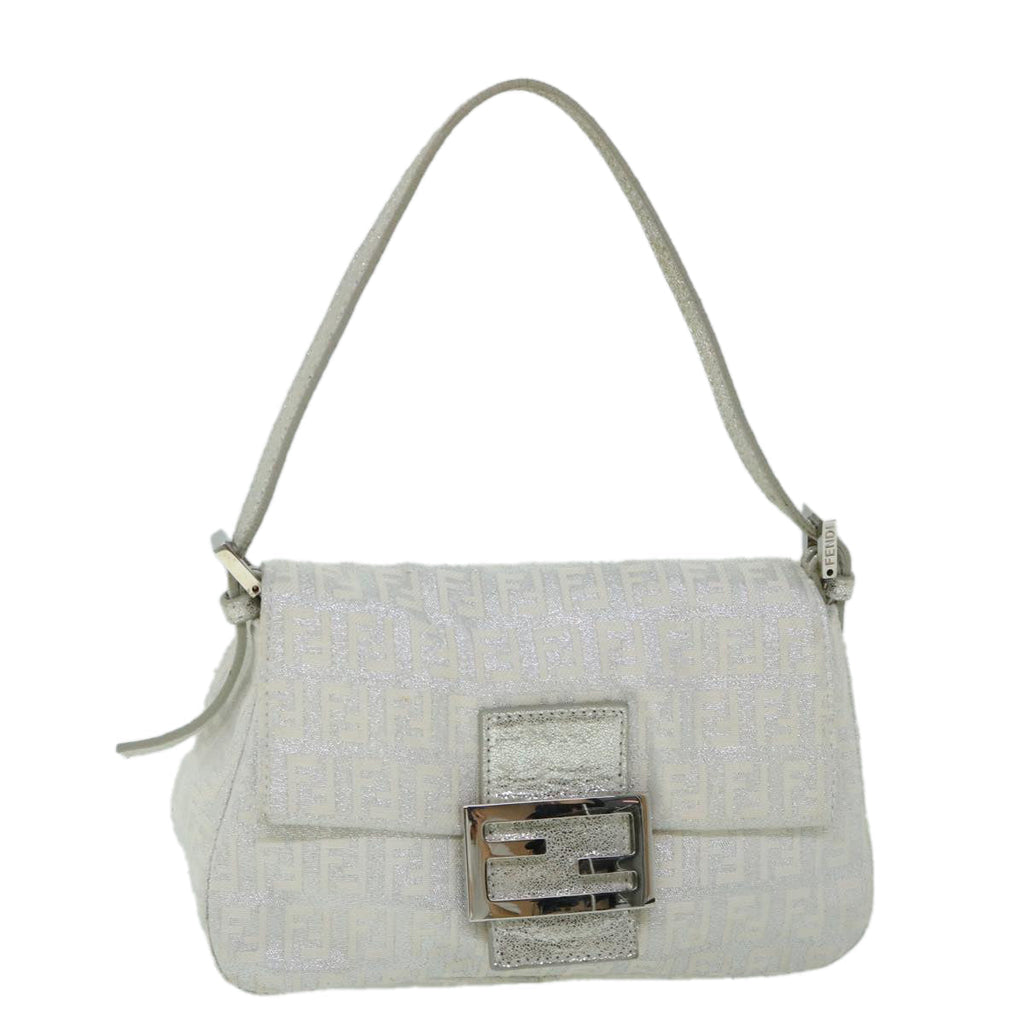 FENDI Zucchino Canvas Mamma Baguette Shoulder Bag Silver hk852