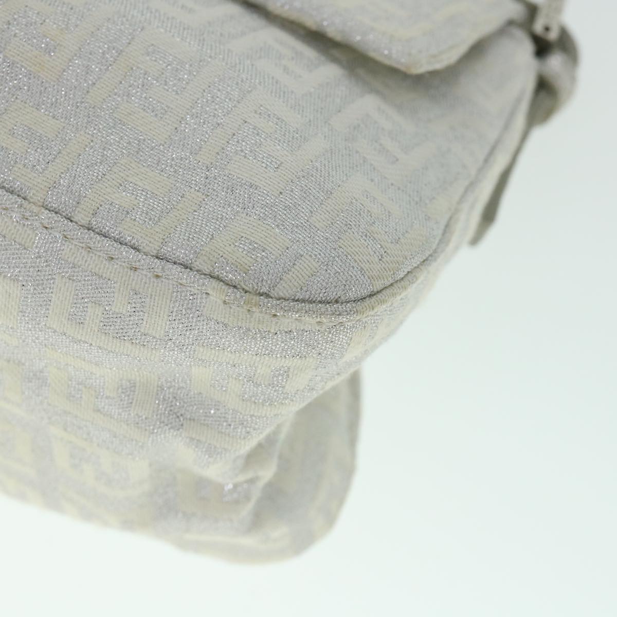 FENDI Zucchino Canvas Mamma Baguette Shoulder Bag Silver hk852