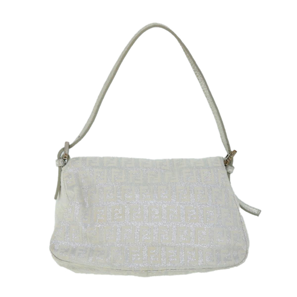 FENDI Zucchino Canvas Mamma Baguette Shoulder Bag Silver hk852
