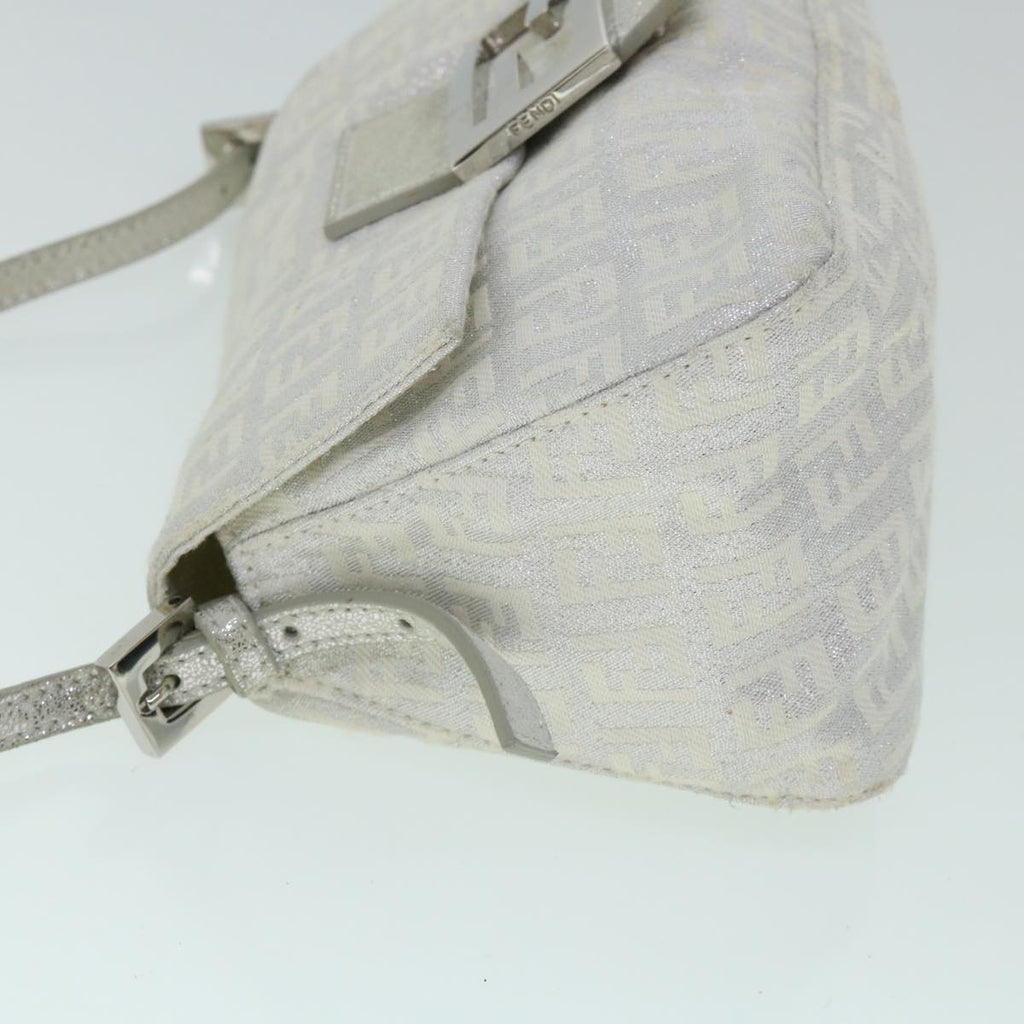 FENDI Zucchino Canvas Mamma Baguette Shoulder Bag Silver hk852