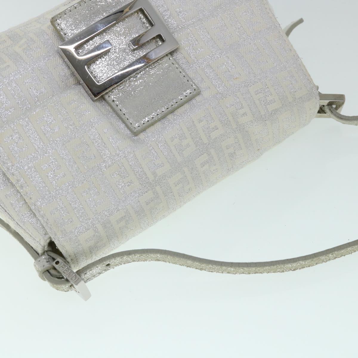FENDI Zucchino Canvas Mamma Baguette Shoulder Bag Silver hk852