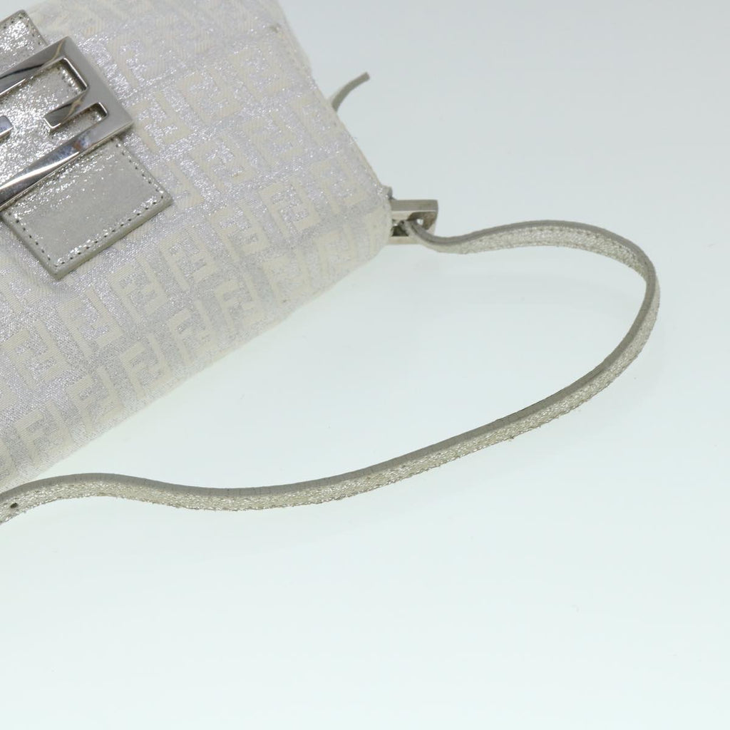 FENDI Zucchino Canvas Mamma Baguette Shoulder Bag Silver hk852