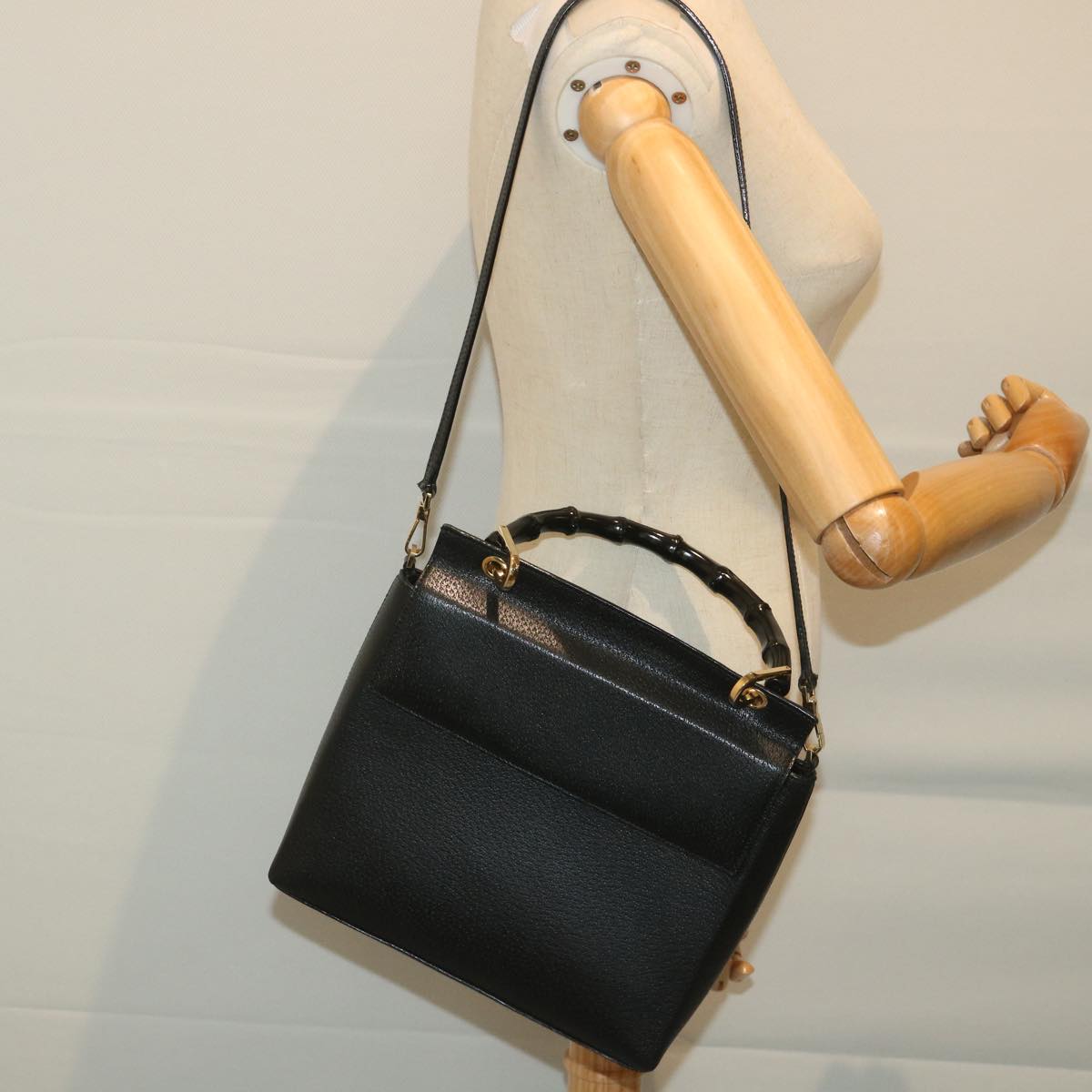 GUCCI Bamboo Hand Bag Leather 2way Black 001 1887 3444 hk912