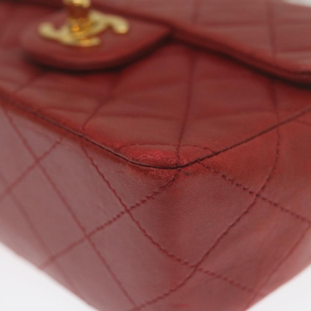 CHANEL Mini Matelasse Chain Flap Hand Bag Lamb Skin  Red Gold CC hs688A