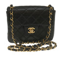 CHANEL Mini Matelasse Chain Flap Shoulder Bag Lamb Skin Black Gold hs689A