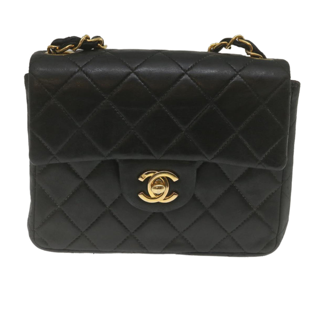 CHANEL Mini Matelasse Chain Flap Shoulder Bag Lamb Skin Black Gold hs689A