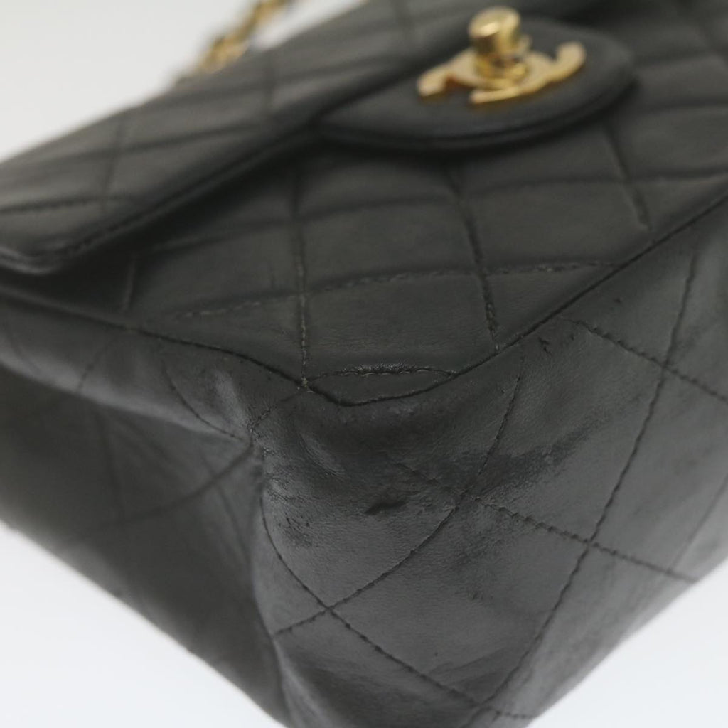 CHANEL Mini Matelasse Chain Flap Shoulder Bag Lamb Skin Black Gold hs689A
