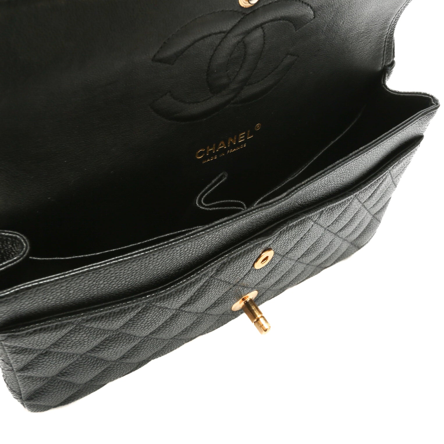CHANEL Medium Dbl Flap Quilted Black Caviar w/Gold