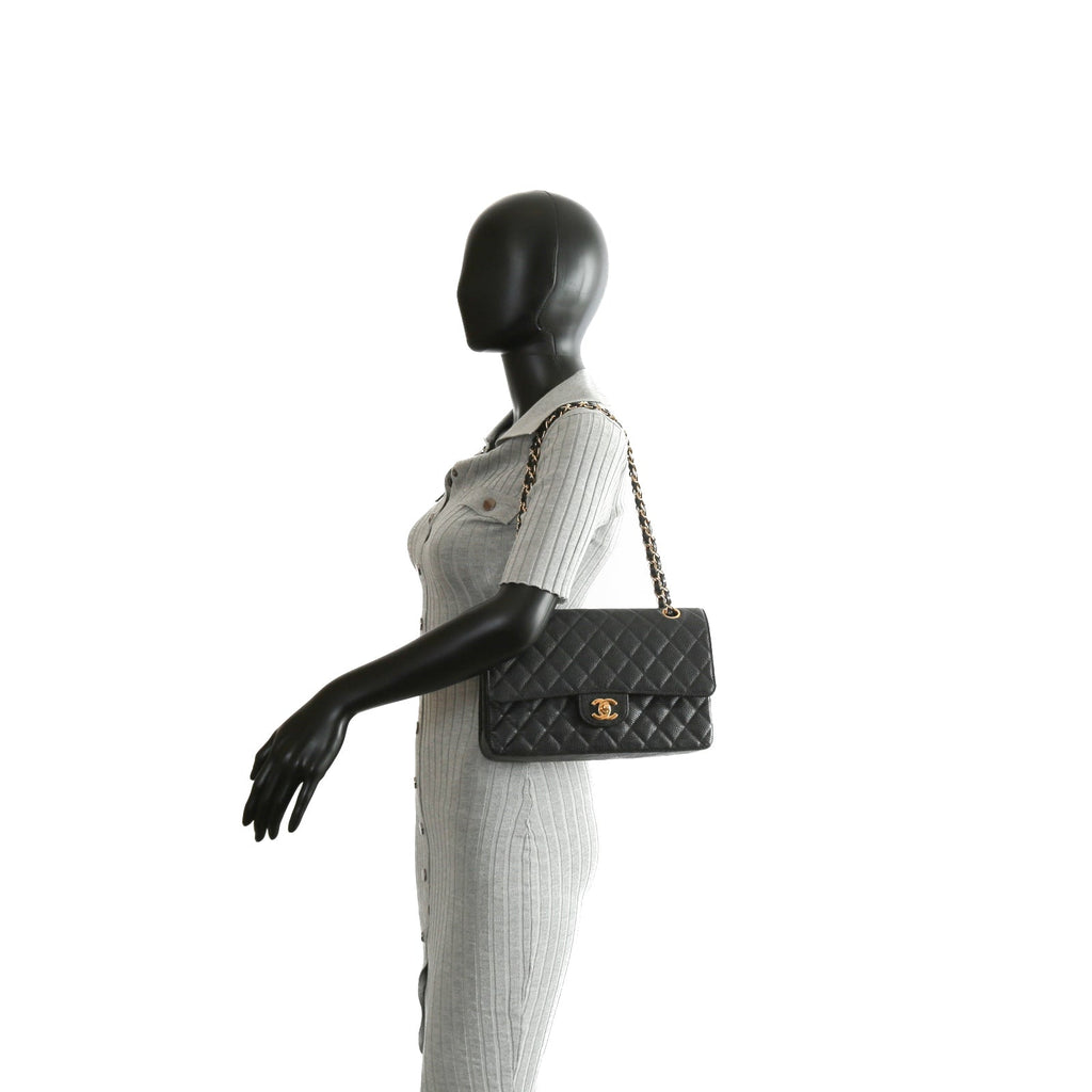 CHANEL Medium Dbl Flap Quilted Black Caviar w/Gold