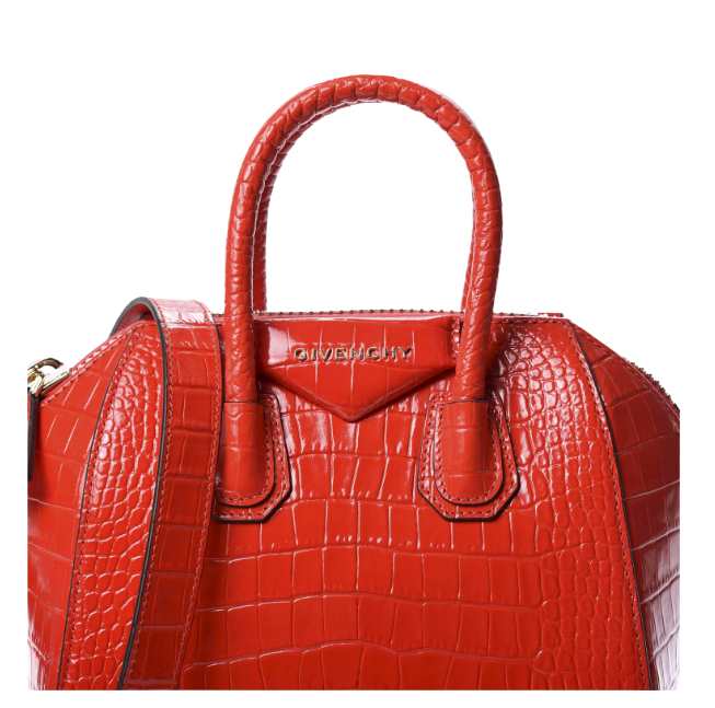 GIVENCHY Calfskin Crocodile Embossed Mini Antigona Red