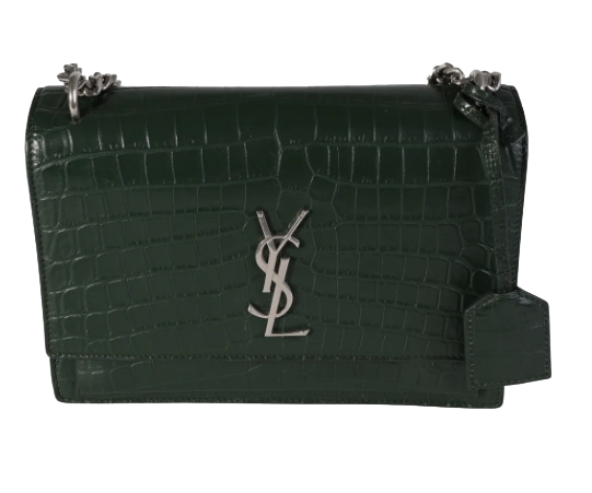 Saint Laurent Forest Green Crocodile Embossed Leather Medium Sunset