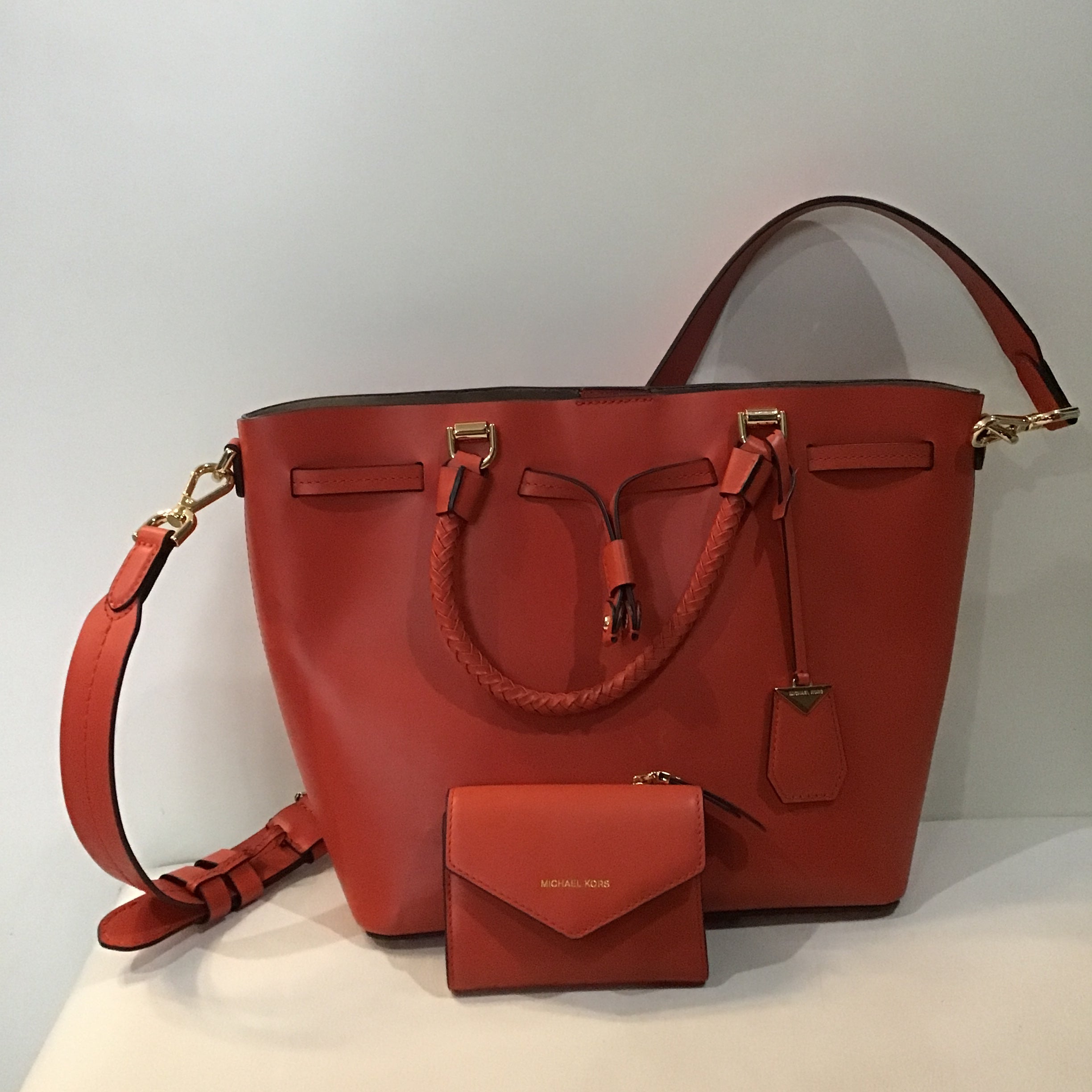 MICHAEL KORS Red/Deep Pink Blakely Medium Leather Bucket Bag & Red Small Blakely Wallet NWOT