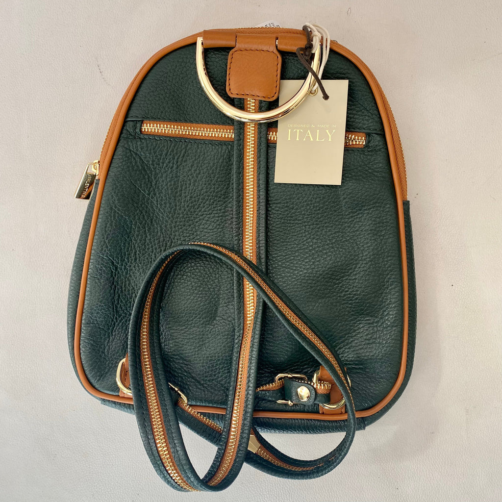 VALENTINA Convertible Backpack/ Shoulder Bag Green and Tan Leather NWT