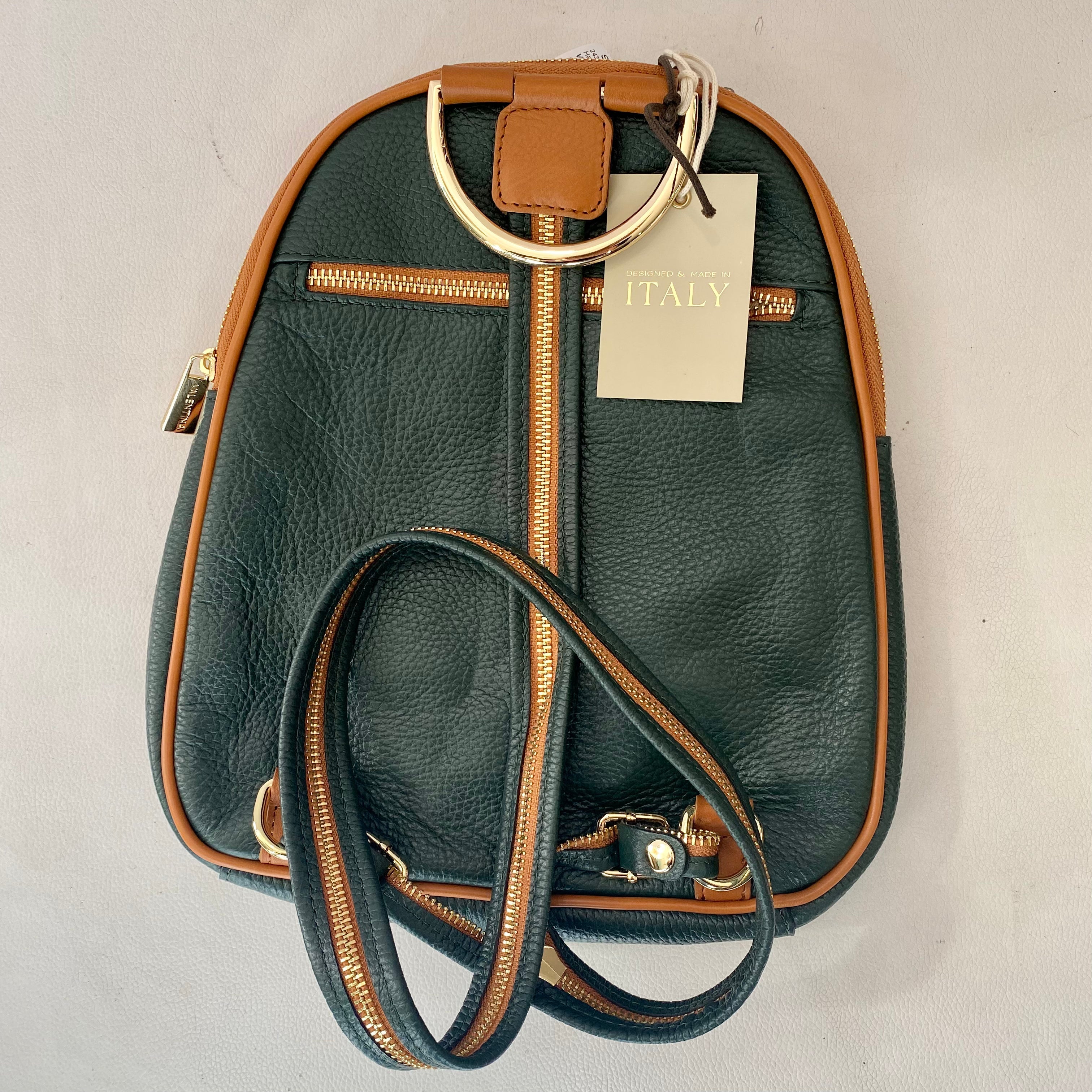 VALENTINA Convertible Backpack/ Shoulder Bag Green and Tan Leather NWT
