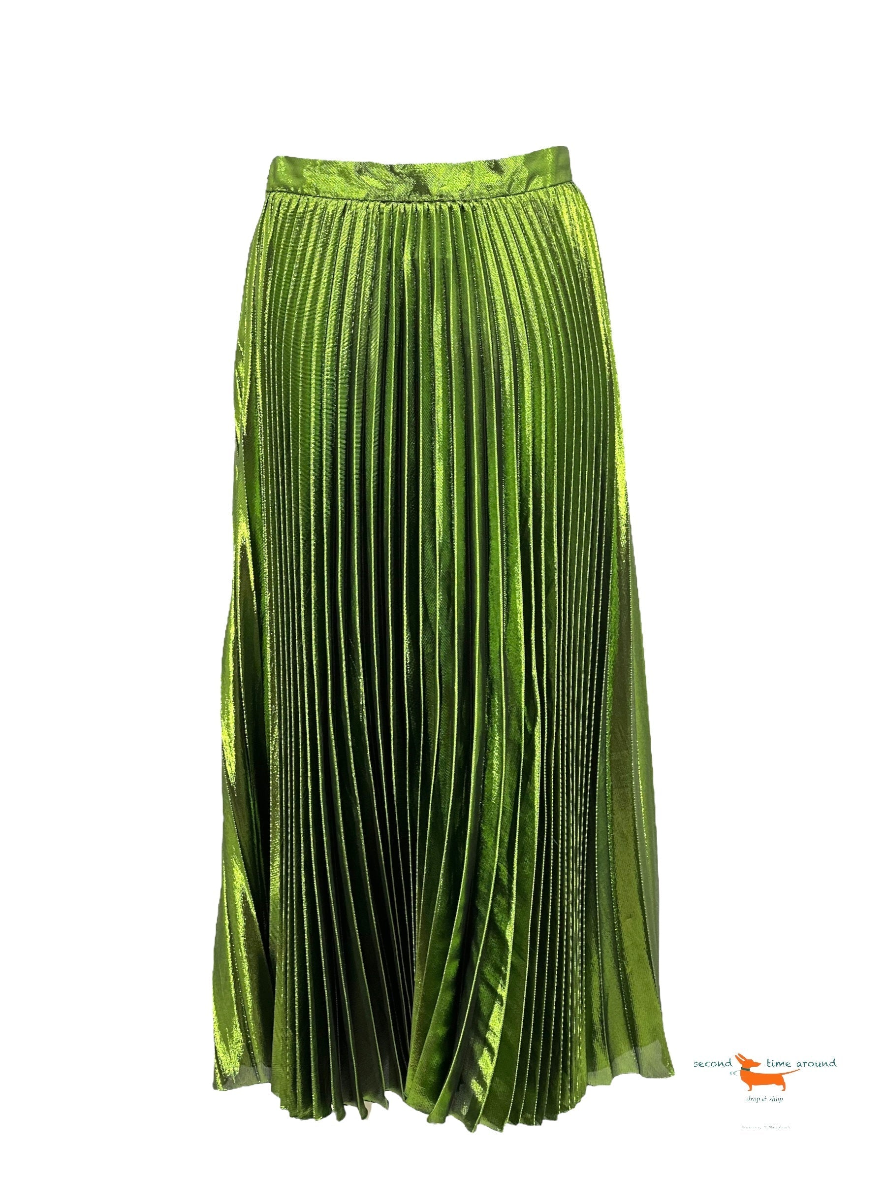 Gucci Green Metallic Plisse Silk Pleated Midi Skirt