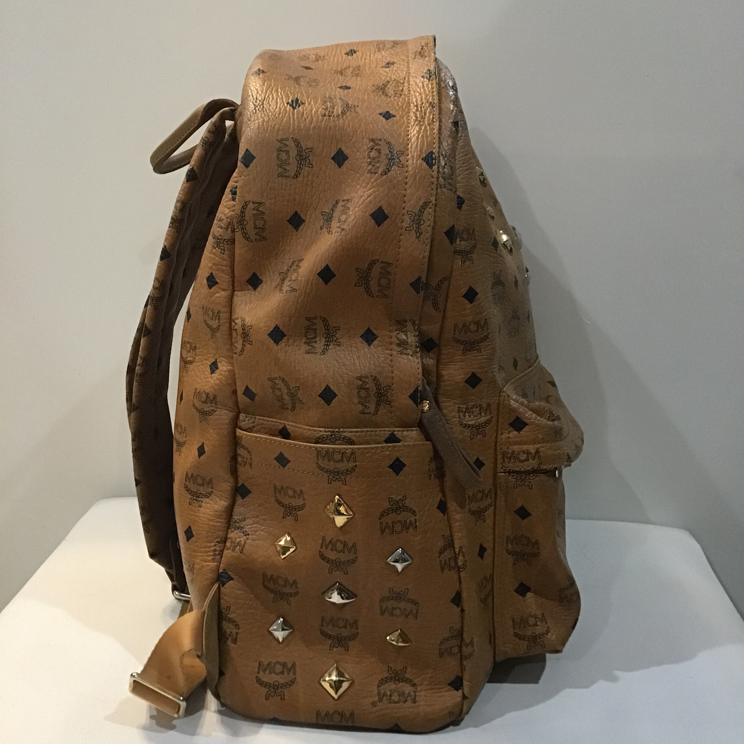 MCM Cognac Brown Visetos Stark Leather Backpack