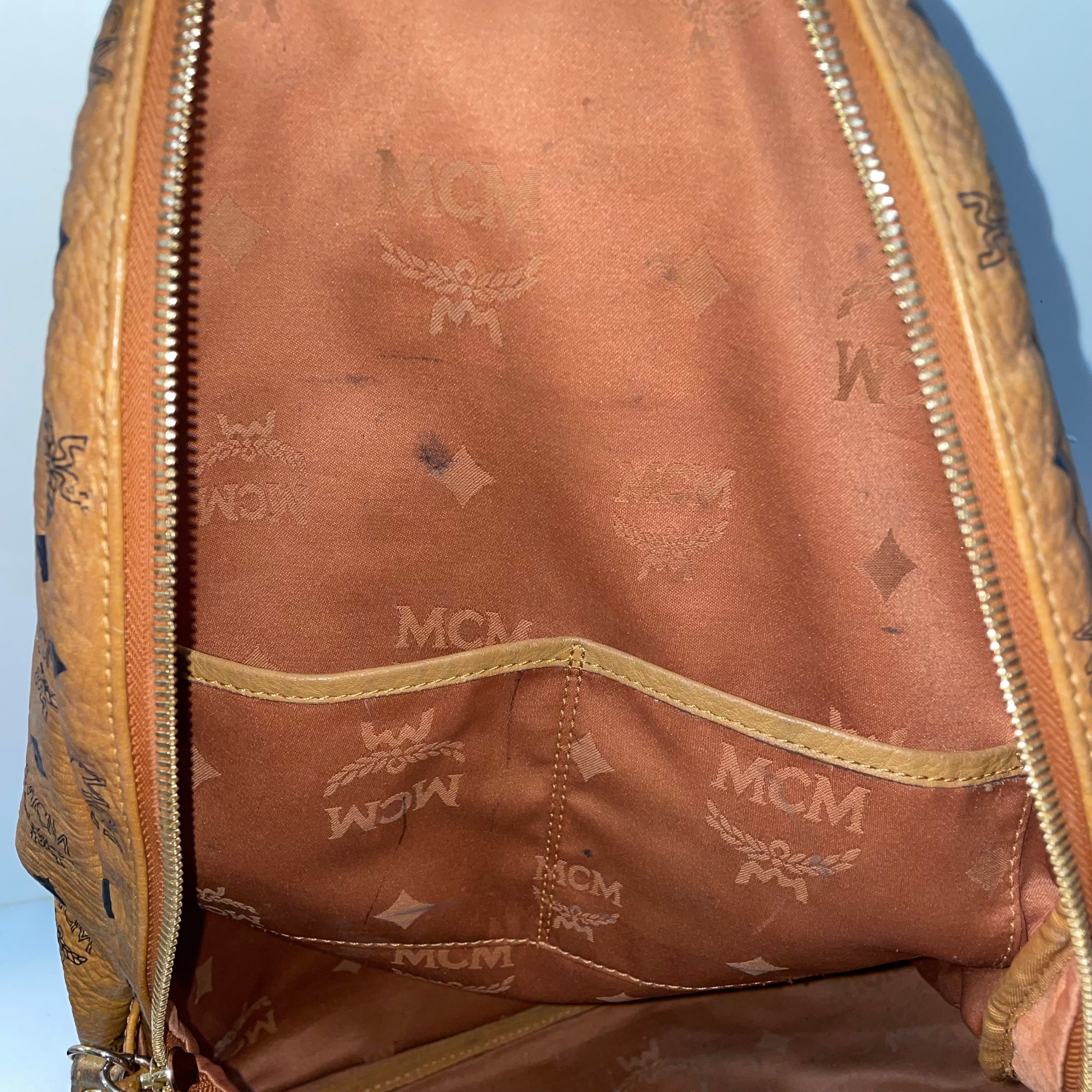 MCM Cognac Brown Visetos Stark Leather Backpack