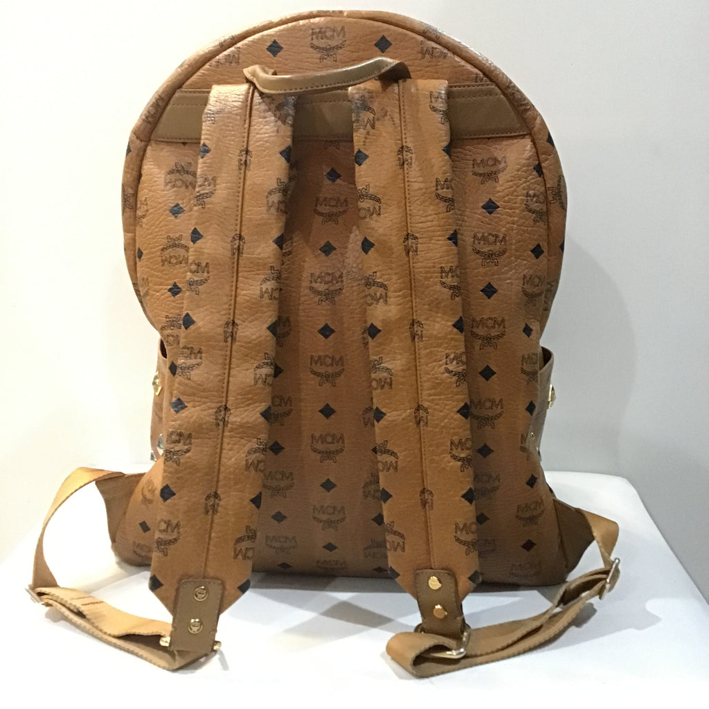 MCM Cognac Brown Visetos Stark Leather Backpack