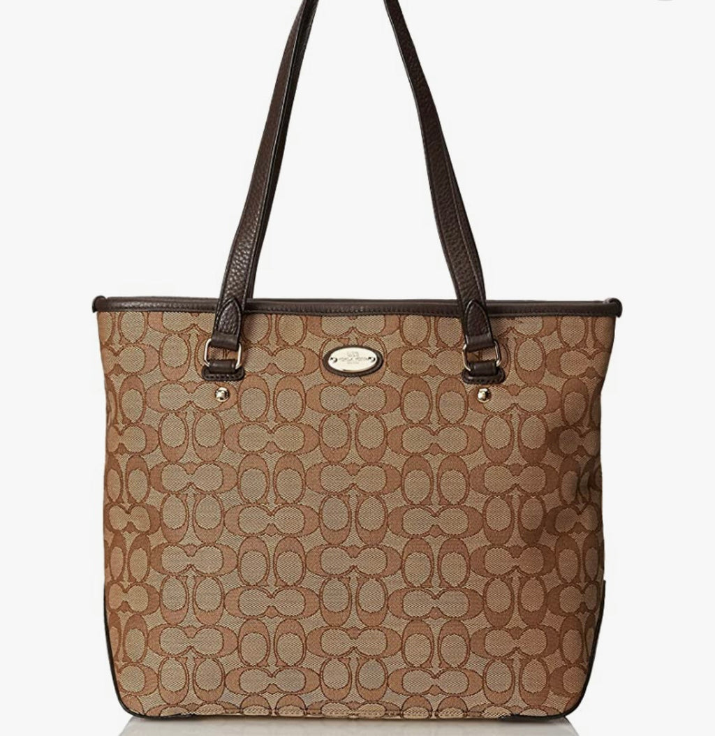 COACH Signature Zip Top Shoulder Bag in Khaki C Jacquard