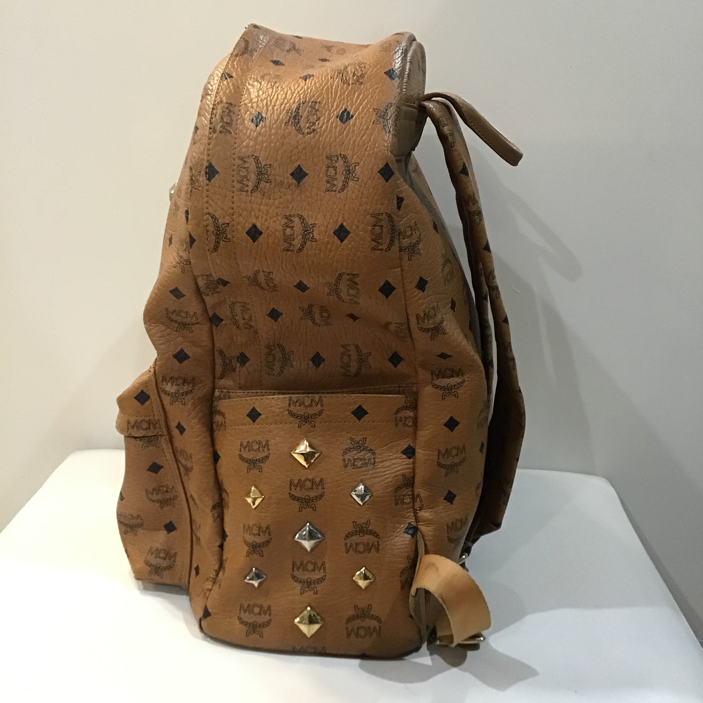 MCM Cognac Brown Visetos Stark Leather Backpack